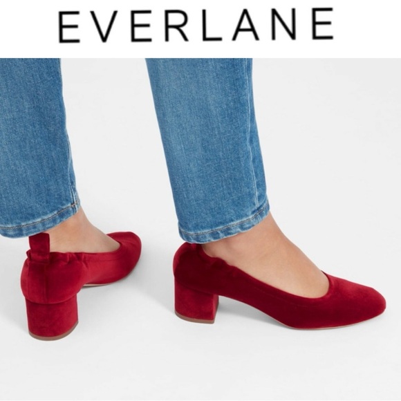 Everlane Shoes - EVERLANE THE DAY RED VELVET SCRUNCH BACK BLOCK HEEL BALLET INSPIRED PUMPS